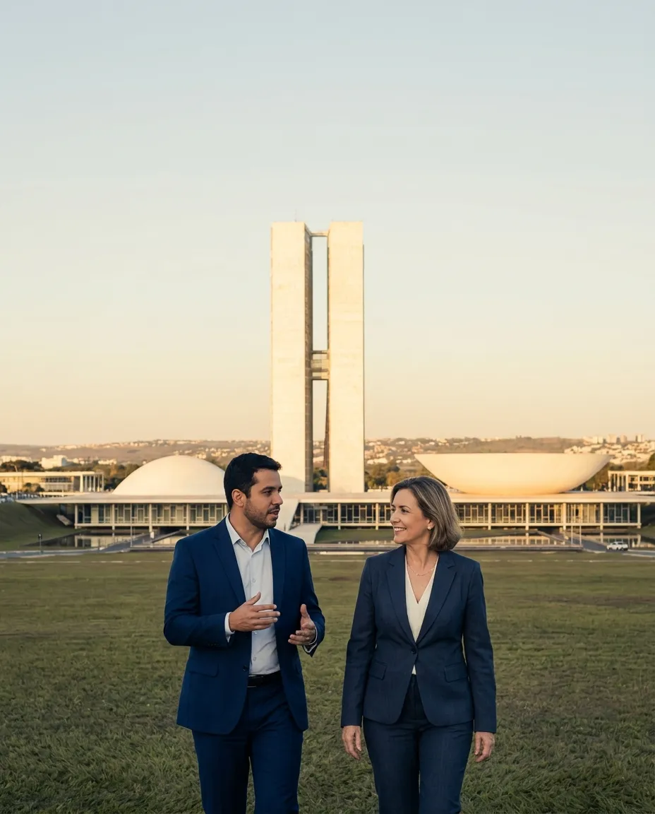 Um intérprete e uma executiva estrangeira conversam na Esplanada dos Ministérios, em Brasília, com o Congresso Nacional ao fundo.