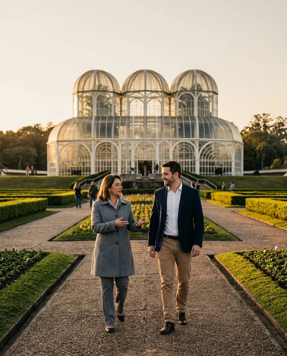 Uma intérprete e um executivo estrangeiro conversam no Jardim Botânico de Curitiba, com a estufa de vidro ao fundo.