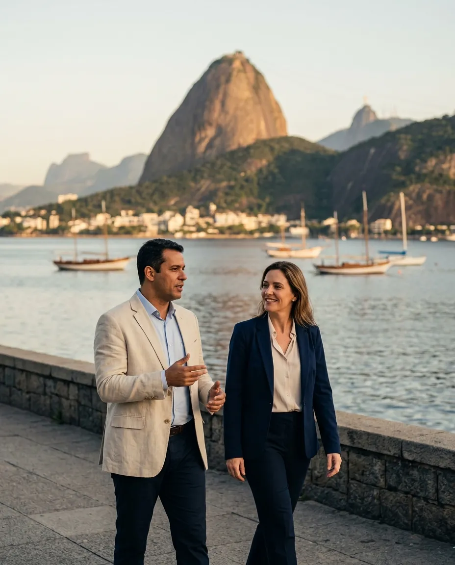 Um intérprete e uma executiva estrangeira conversam na orla de Botafogo, no Rio de Janeiro, com o Pão de Açúcar ao fundo.