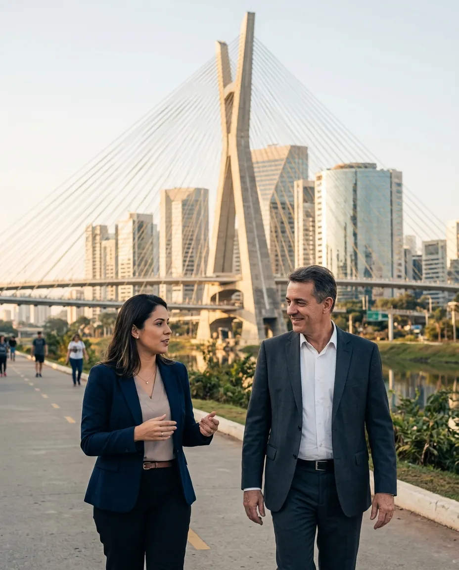 Uma intérprete e um executivo estrangeiro conversam a caminho de uma reunião em São Paulo, com a Ponte Estaiada ao fundo.