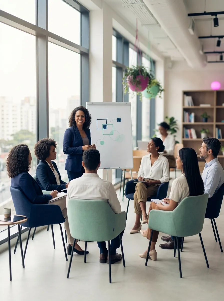 Pequeno grupo de colaboradores no começo de um treinamento, numa sala clara.