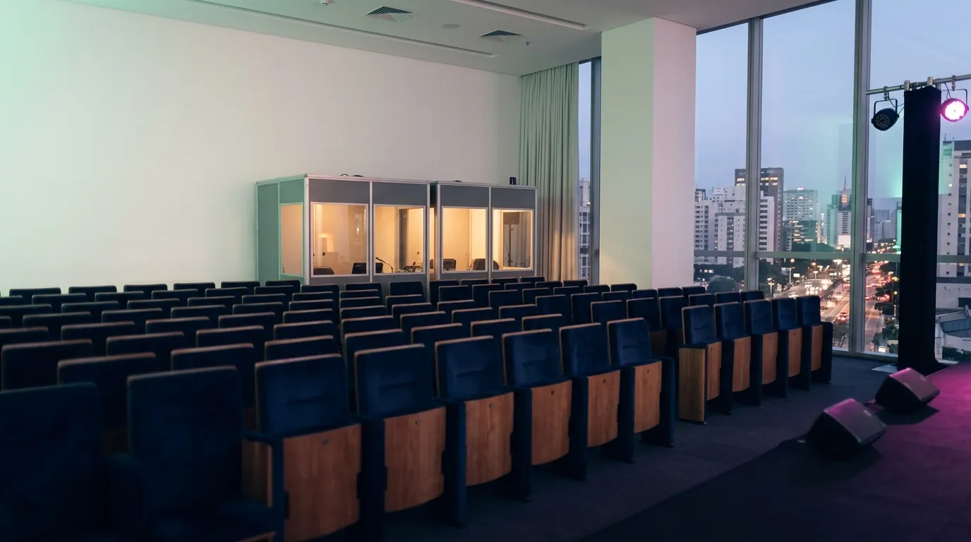 Auditório vazio antes de um evento internacional, com as cabines de tradução acesas ao fundo.