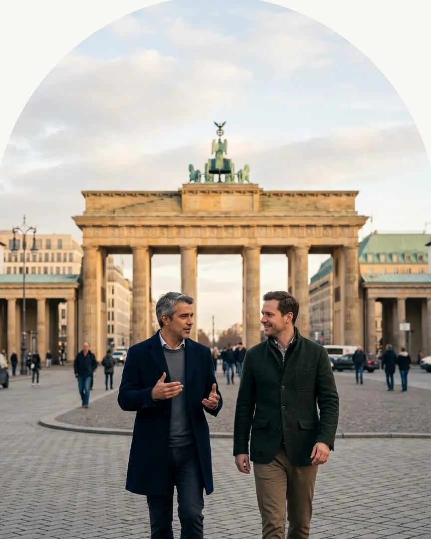 Dois colegas atravessando a Pariser Platz em Berlim, com o Portão de Brandemburgo ao fundo.