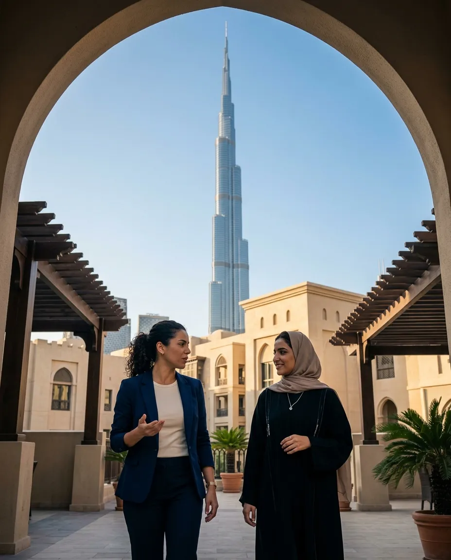 Duas colegas conversando num terraço em Dubai, com o Burj Khalifa ao fundo.