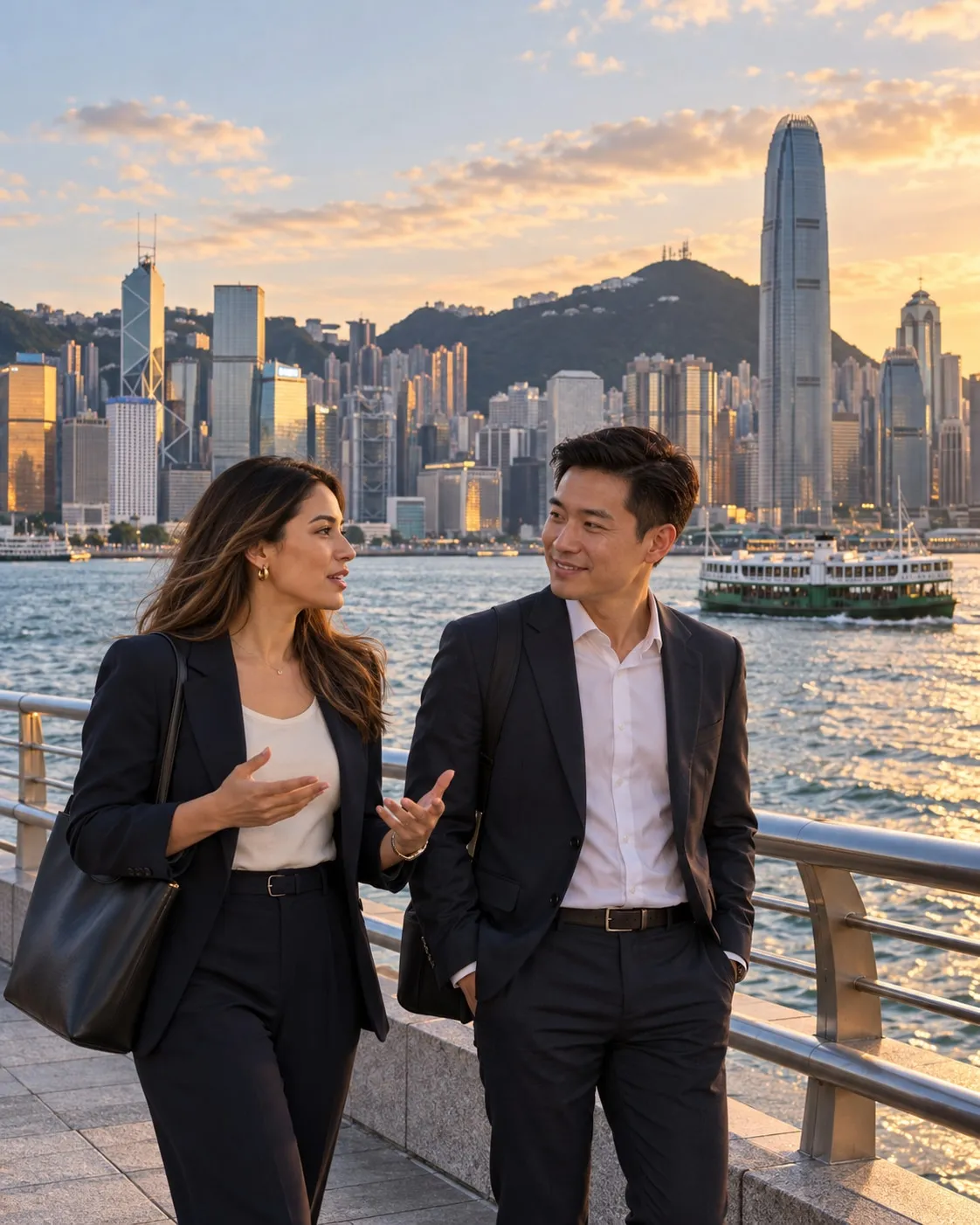 Duas pessoas conversando no calçadão de Tsim Sha Tsui, com a baía Vitória e os prédios da ilha de Hong Kong ao fundo.