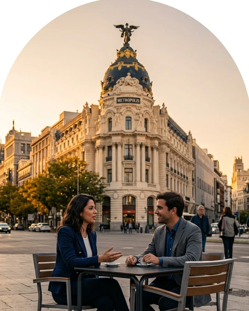 Dois colegas conversando numa mesa de café ao ar livre na Gran Vía, em Madri, com o edifício Metrópolis ao fundo.