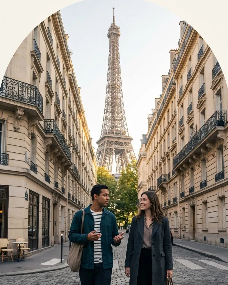 Um estudante conversando com uma parisiense numa rua de Paris, com a Torre Eiffel ao fundo.