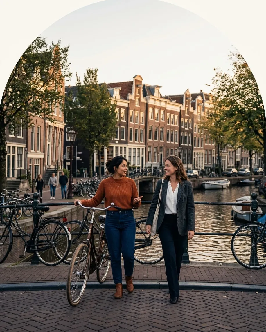 Uma mulher empurrando a bicicleta e conversando com a vizinha numa ponte de canal em Amsterdã.