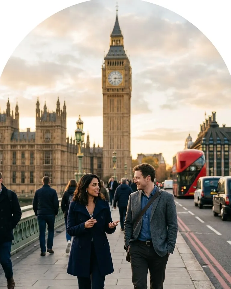 Dois colegas conversando na ponte de Westminster, em Londres, com o Big Ben ao fundo.