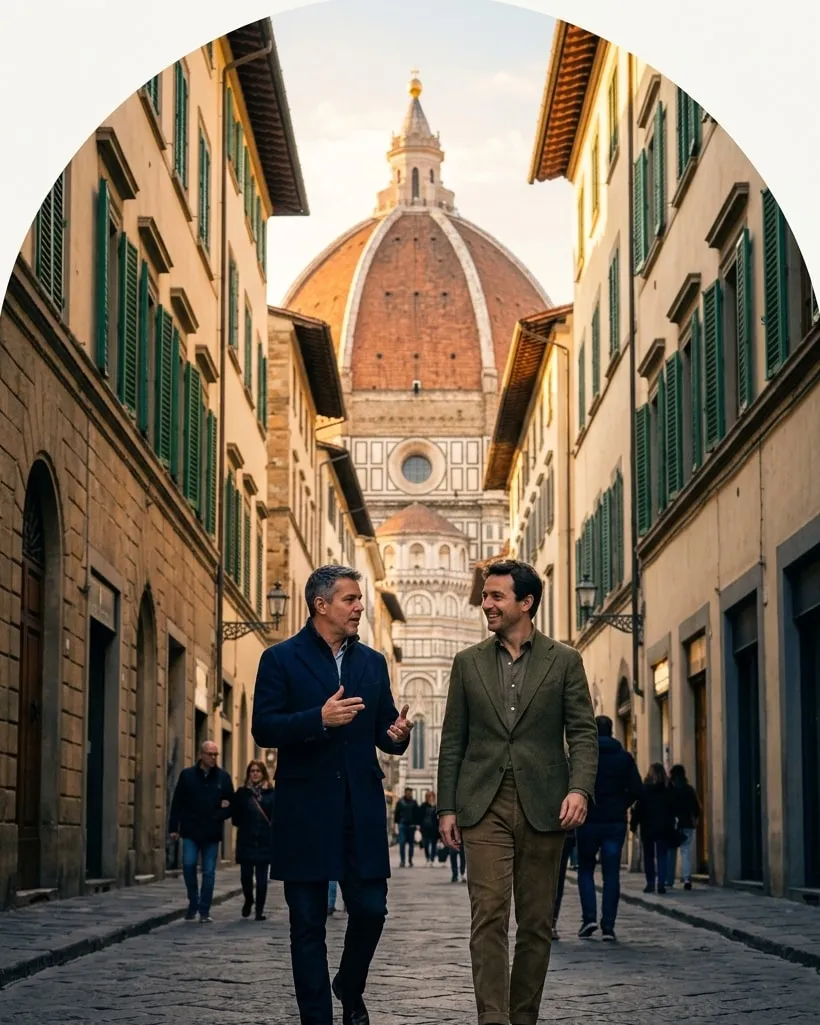 Duas pessoas conversando numa rua de Florença, com a cúpula do Duomo ao fundo.