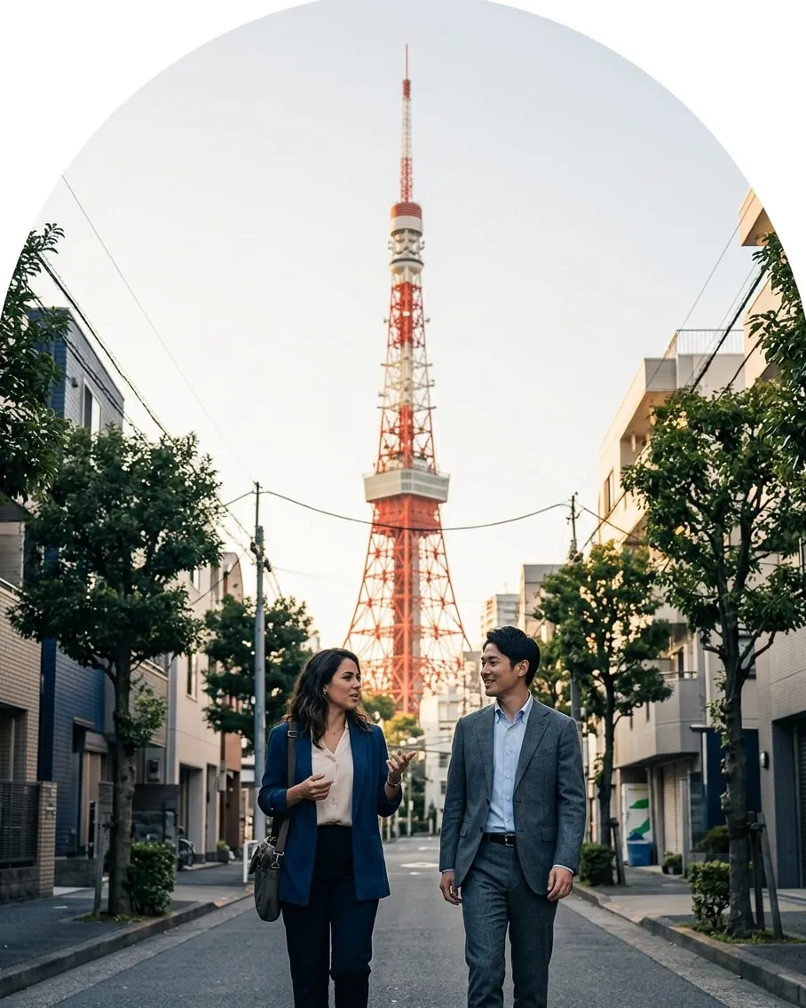 Dois colegas conversando numa rua tranquila, com a Torre de Tóquio ao fundo.