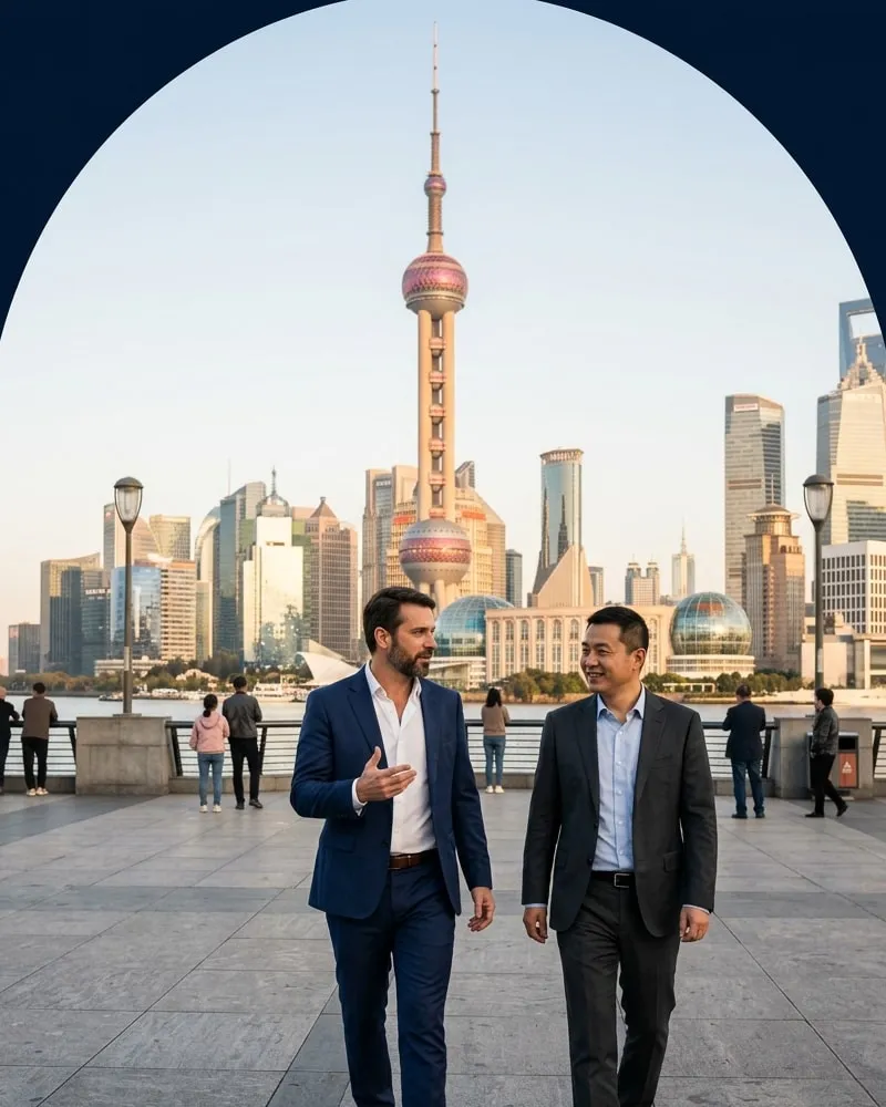 Dois executivos conversando no calçadão do Bund, em Xangai, com os prédios de Pudong ao fundo.