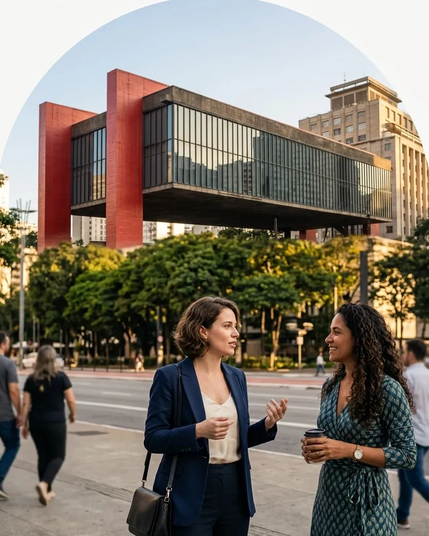 Uma profissional estrangeira conversando com uma colega brasileira na Avenida Paulista, em São Paulo, com o MASP ao fundo.
