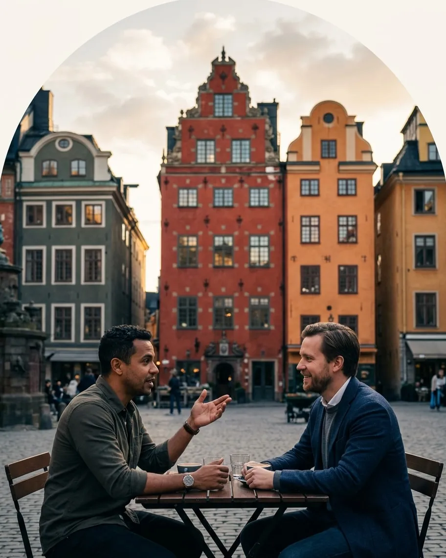 Duas pessoas conversando na praça Stortorget, em Estocolmo, com as fachadas coloridas ao fundo.