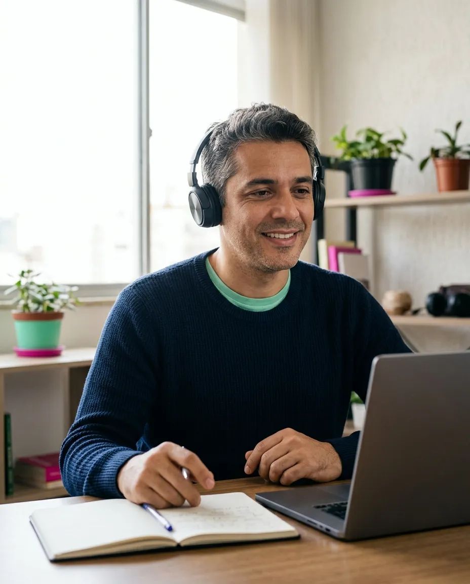 Aluno adulto na primeira aula online, com o caderno aberto ao lado do notebook.