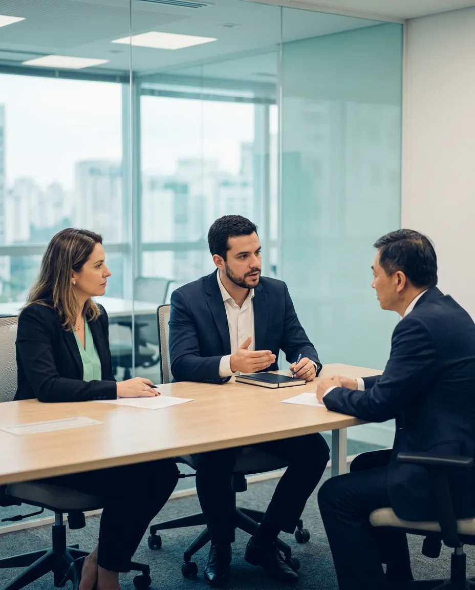 Intérprete entre uma gestora brasileira e um investidor chinês, numa mesa de reunião.