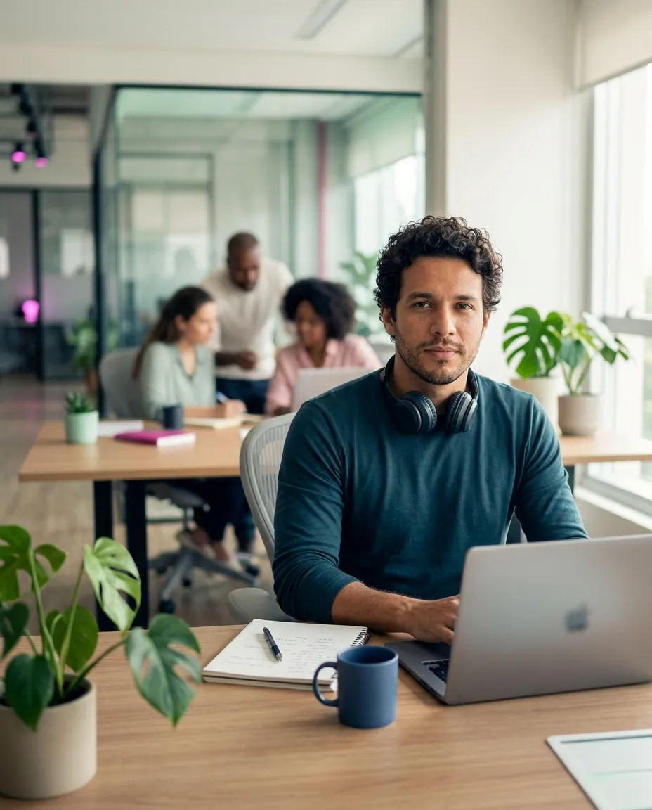 Colaborador estudando pela plataforma no notebook, numa mesa de escritório.