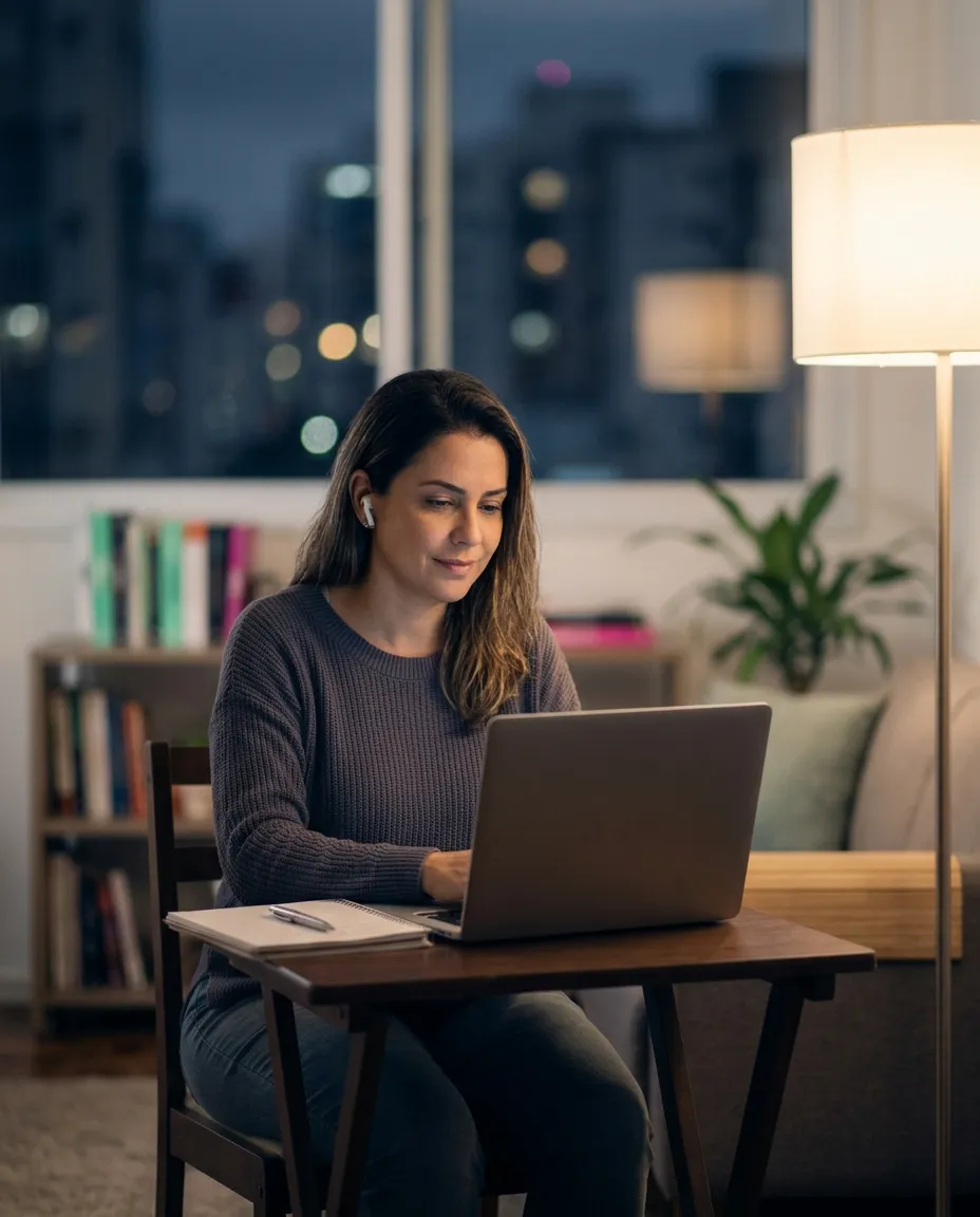 Colaboradora estudando pelo notebook em casa, à noite, de fones de ouvido.