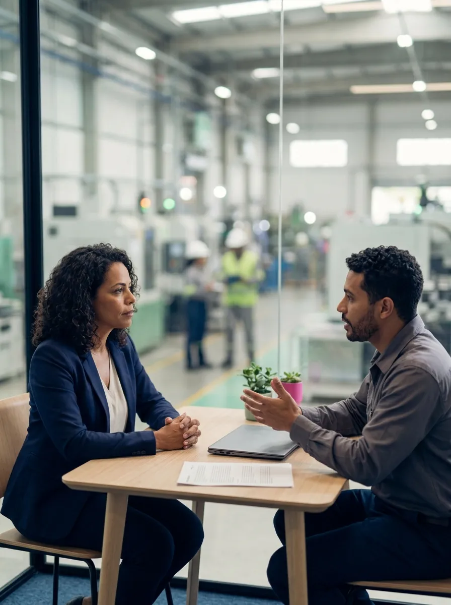 Gestora de RH e técnico de segurança conversando numa sala de reunião, com a área de produção ao fundo.