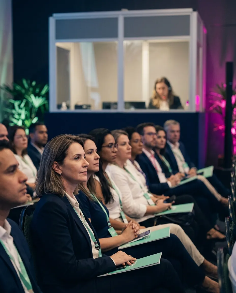Público de um congresso acompanhando a palestra, com a cabine de interpretação ao fundo.